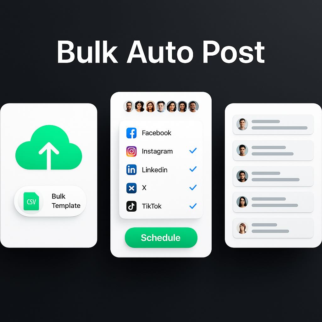 Interface showing bulk auto post feature with CSV upload and platform selection