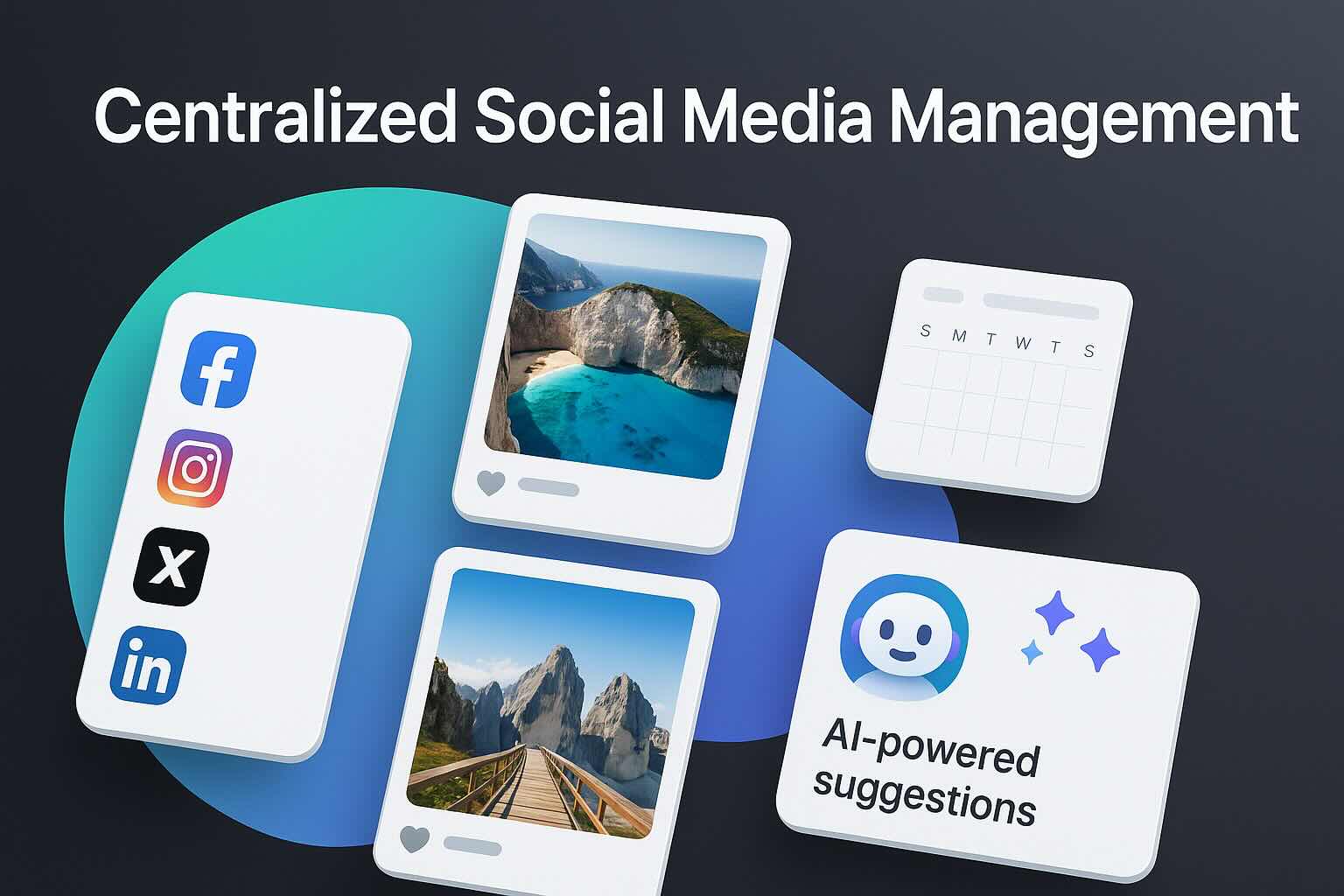 Centralized dashboard for social media management showing AI suggestions, calendar, and post previews