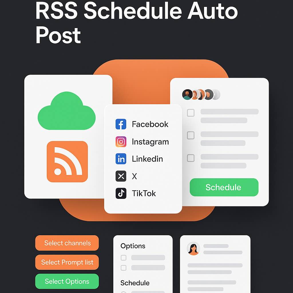 Interface showing RSS feed scheduling with platform selection and post previews