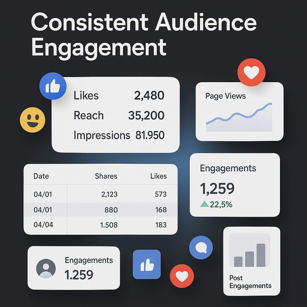 Analytics dashboard showing consistent audience engagement metrics like likes, reach, and impressions
